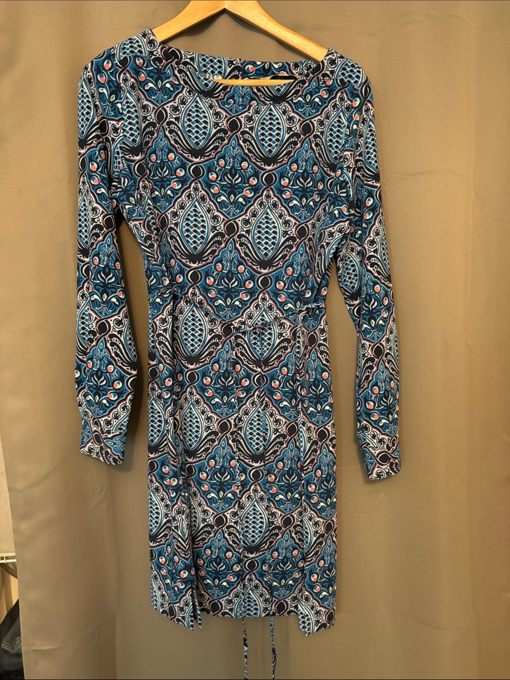 LOFT Blue Patterned Long-Sleeve Midi Dress